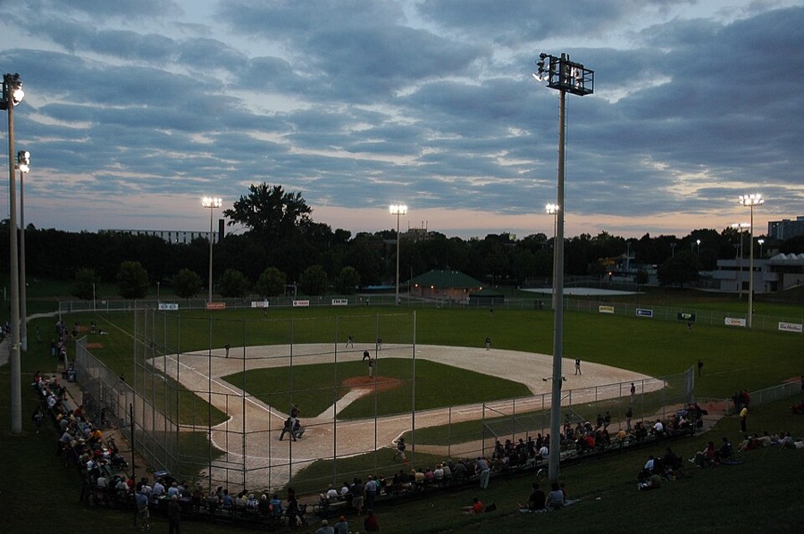 Baseball at dusk in Christie Pits