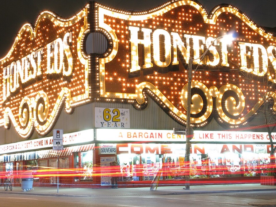 Honest Ed's sign lit up at night, 2010